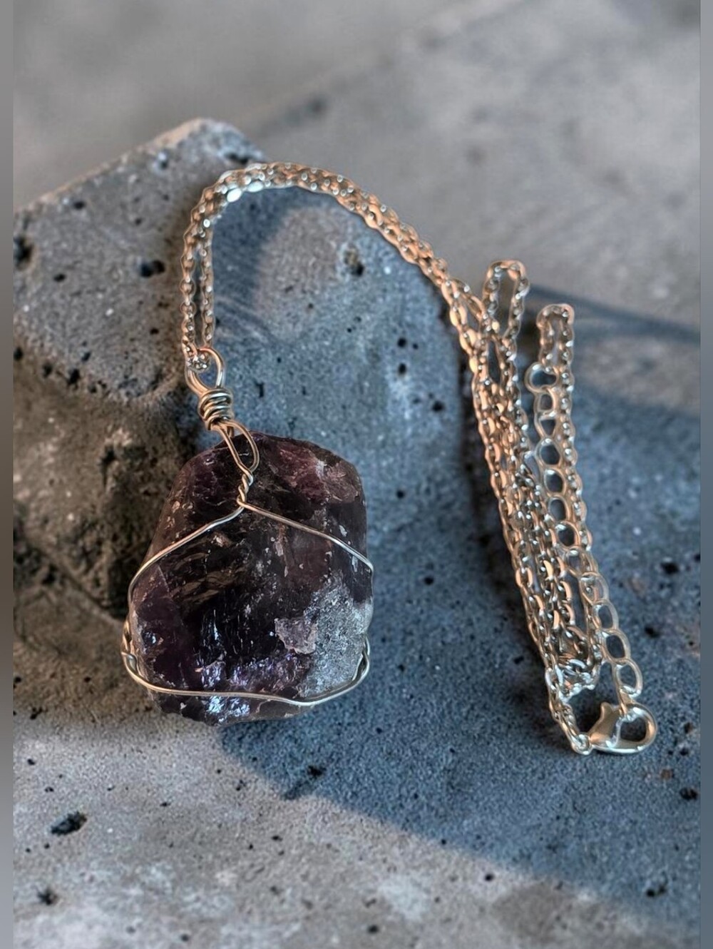 Silver Wire-Wrapped Raw Amethyst Pendant Necklace - Picture 4 of 4